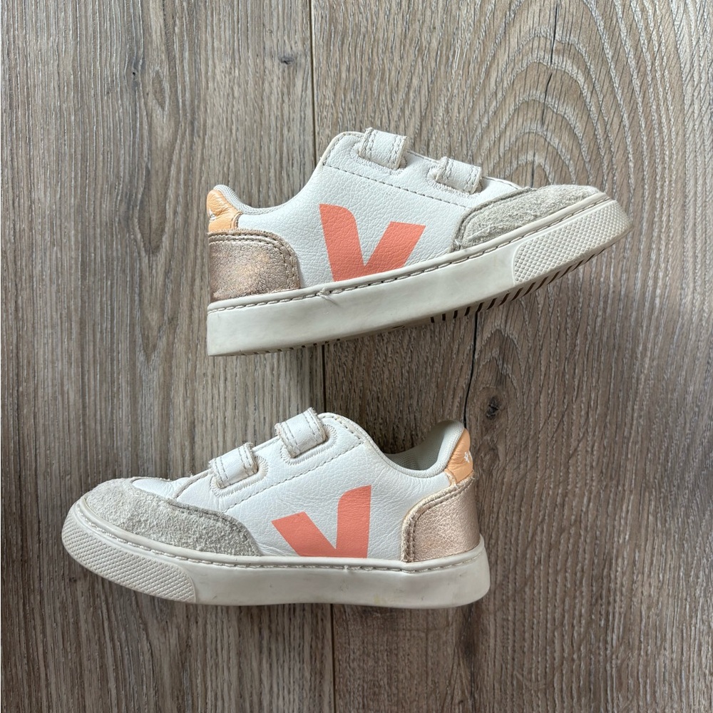 Veja Kids Sneakers in White with Peach Logo and Metallic Rose Heel